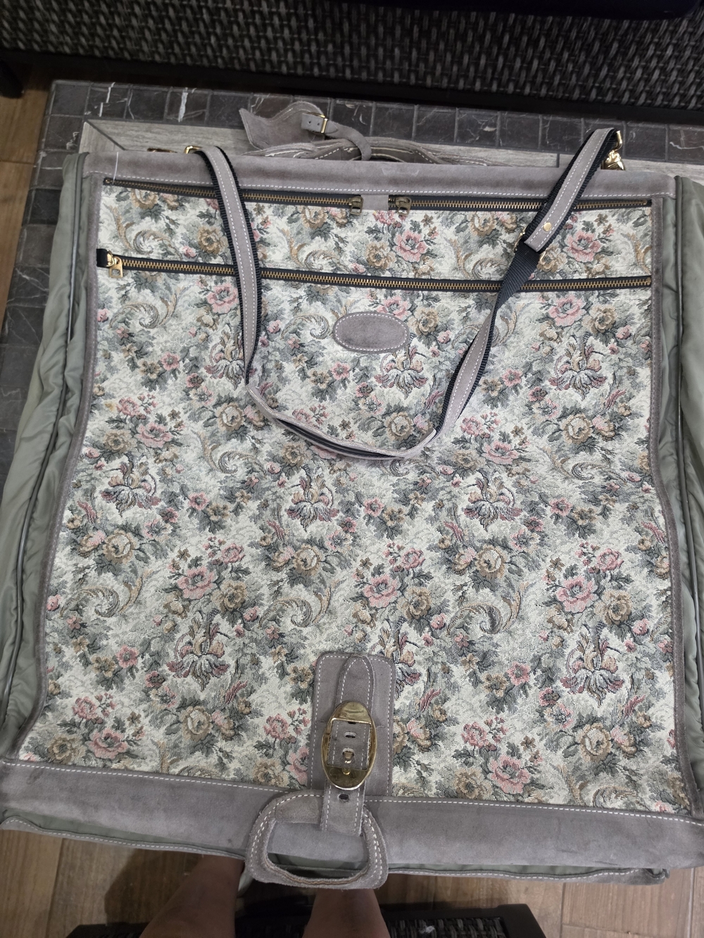 Floral Tapestry Dress Suitcase With Hangers Gray Suede Trim